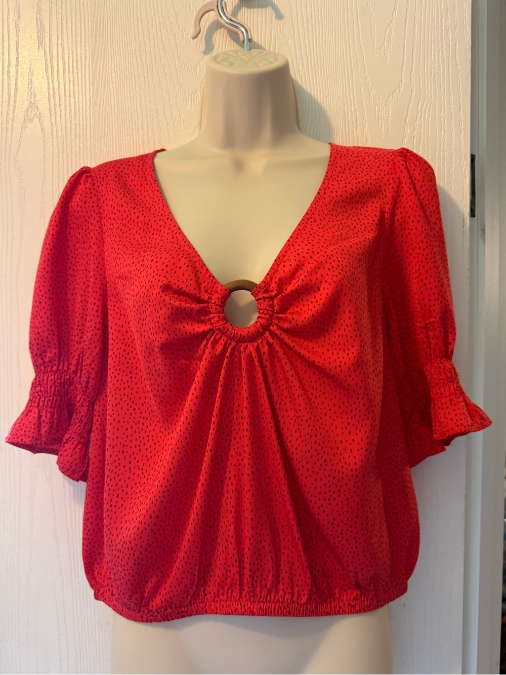 Express Red V-Neck Ring-Detail Blouse with Smocked Elbow Sleeves